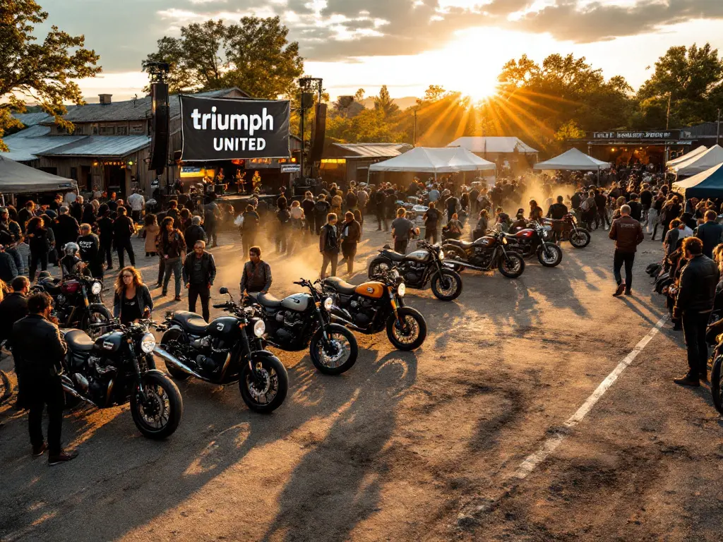 Generate a vibrant, dynamic editorial-style image capturing the essence of a large motorcycle enthusiast gathering. The scene is set in a rustic, open-air venue near a small brewery, bathed in warm golden-hour light. A diverse crowd of bikers, clad in leather jackets and riding gear, mingles in a lively atmosphere, their faces lit with excitement and camaraderie. In the foreground, a row of gleaming Triumph motorcycles—including models like the Bonneville Bobber, Rocket 3 GT Storm, and Tiger 1200—are parked in a neat display, their polished chrome and sleek designs drawing attention. Some bikes are being admired by attendees, while others are lined up for test rides on a nearby open road, kicking up a light trail of dust. In the background, a large outdoor stage is set up with a banner reading "Triumph United," where a live band plays energetic rock music, their silhouettes framed by stage lights. Nearby, a pop-up shop showcases Triumph-branded apparel and accessories, with people browsing the racks. A vintage motorcycle expo area features classic bikes under canopies, with enthusiasts engaged in deep conversations about mechanics and history. A test ride sign-up booth is bustling with activity, and a few riders are seen returning from a demo ride, their faces flushed with adrenaline. The overall mood is festive and inclusive, with a mix of ages and styles, from seasoned riders to newcomers. The image should convey motion, energy, and the shared passion for motorcycles, with a warm, slightly nostalgic color palette that evokes a sense of community and adventure. The composition should feel immersive, as if the viewer is stepping into the heart of the event.